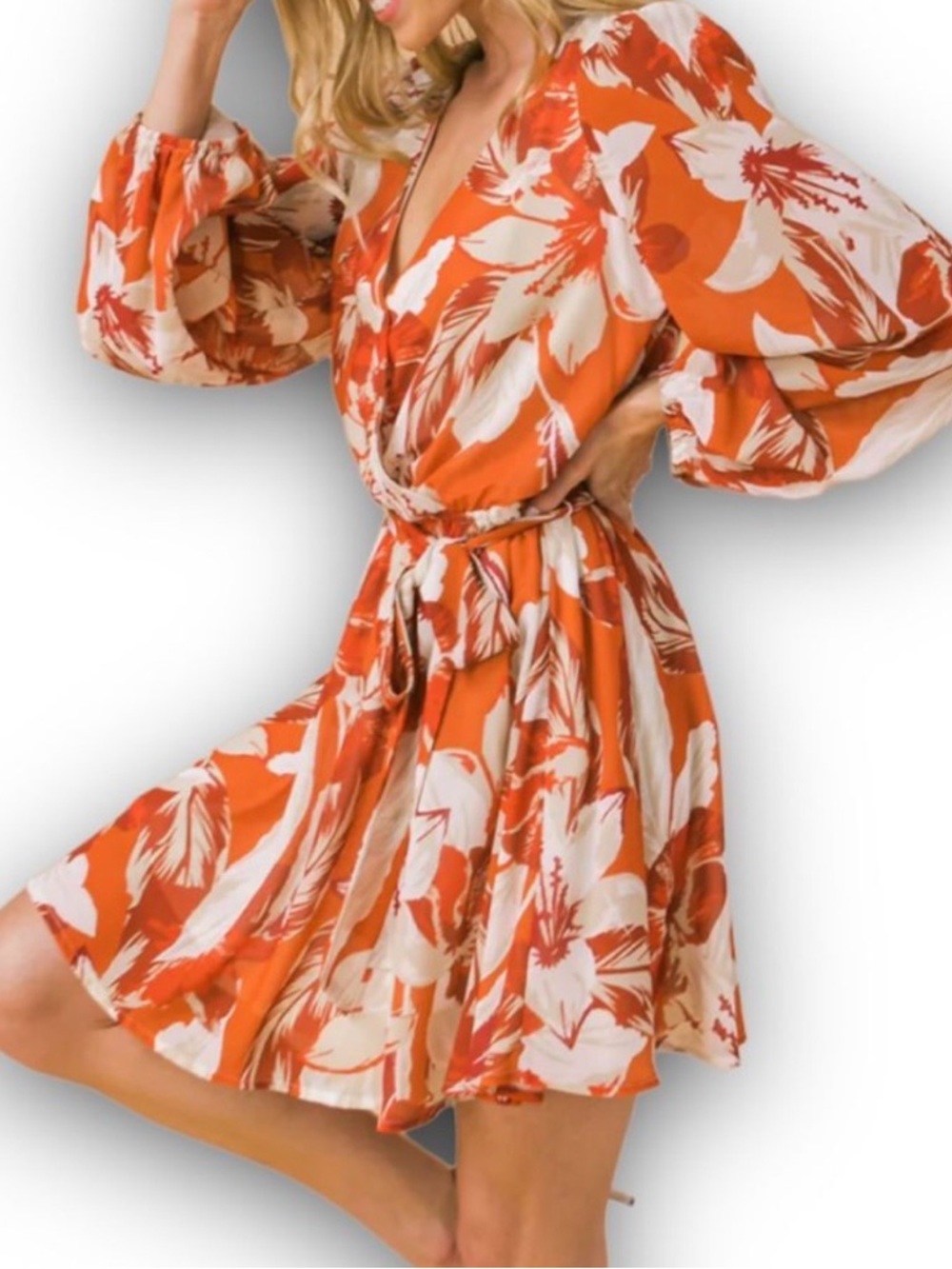 Flying Tomato Orange and White Floral Tie-Waist V-Neck Mini Dress